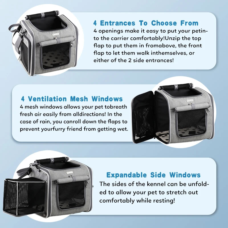 Dog Bike Basket, Expandable Soft-Sided Pet Carrier Backpack With 4 Open Doors, Collapsible Dog Bike Carrier 15 Lbs Soft-Sided Do