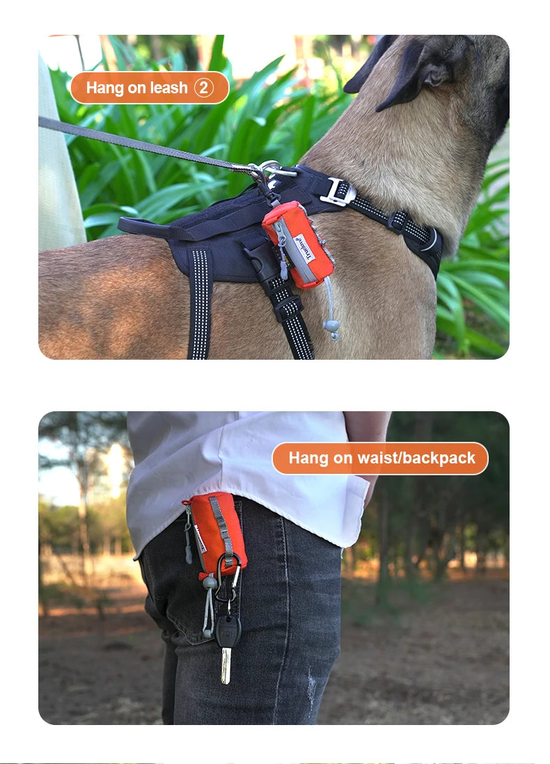 dog poop bag holder with carabiner attached to leash and waist, portable pet waste bag dispenser for walks