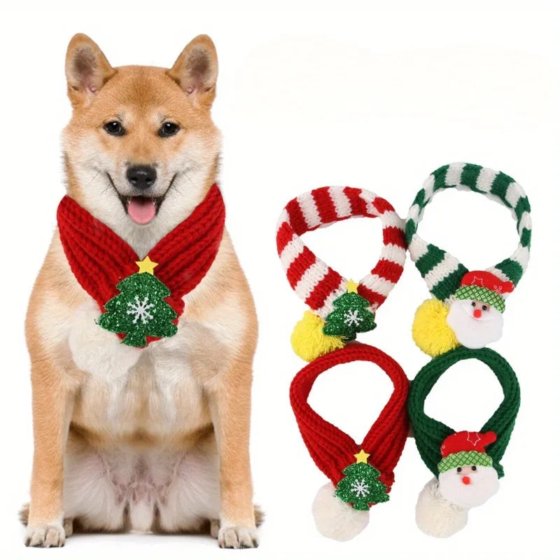 Shiba Inu dog wearing a red Christmas scarf with tree pom-pom, festive dog scarves assortment
