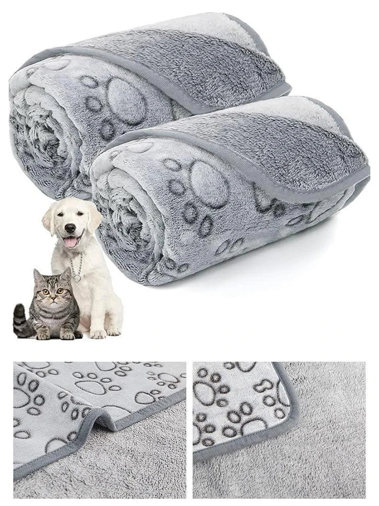 washable soft dog blanket grey paw print fleece bed for cats and dogs, warm washable pet blanket for indoor pets