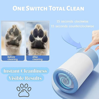 automatic pet paw cleaner for dogs and cats, one-switch cleaning with soft silicone brush, before and after paw wash results