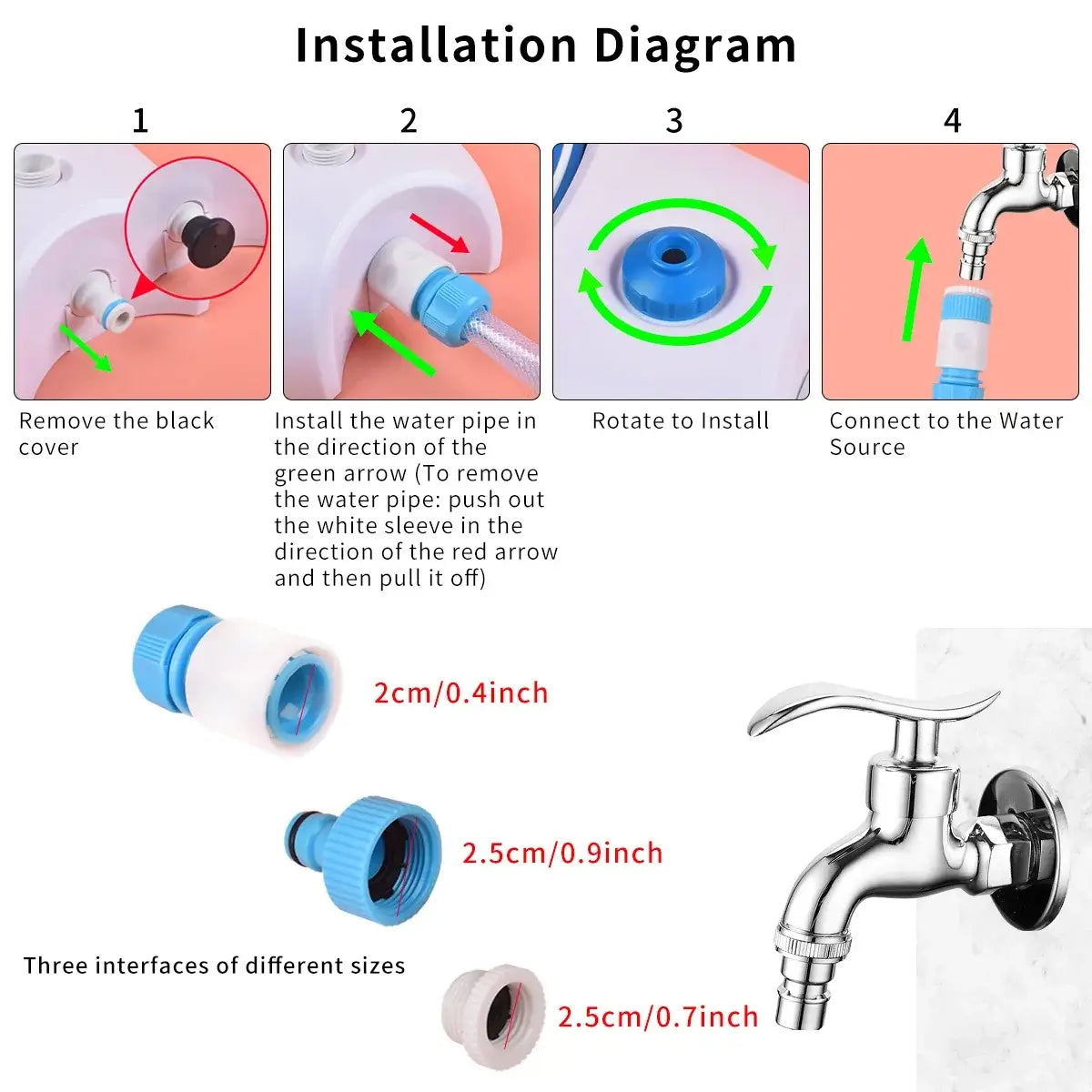 step-on dog water fountain installation diagram with hose connector sizes for outdoor pet water dispenser