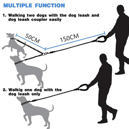 double dog leash coupler for walking two dogs, 150cm leash with 50cm extension, multifunction nylon double leash