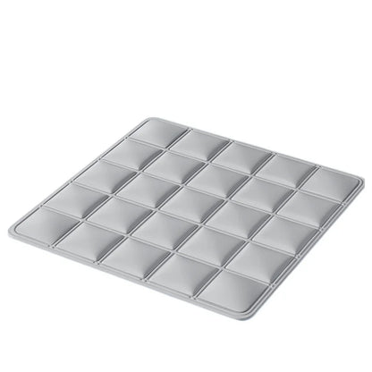 Gray cooling gel pet mat with grid pattern for summer heat relief, indoor or outdoor use as a sleeping pad