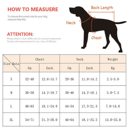 No pull dog harness with handle size guide for small and medium dogs, showing chest, neck, and weight measurements