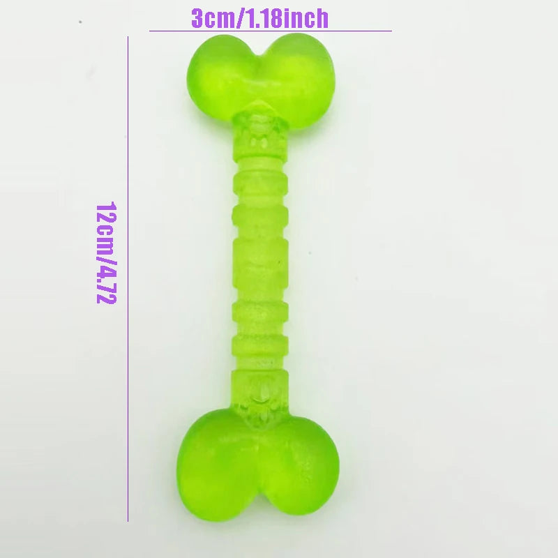 Green rubber dog bone chew toy, 12cm long, 3cm wide, on white background