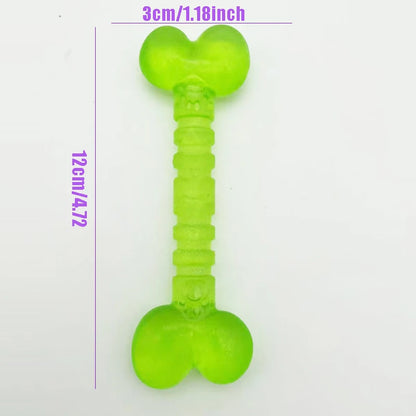Green rubber dog bone chew toy, 12cm long, 3cm wide, on white background