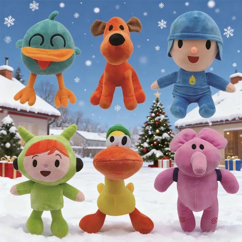 Pocoyo plush doll set featuring Pato, Loula, Elly, Barto, and Nina in a winter holiday scene