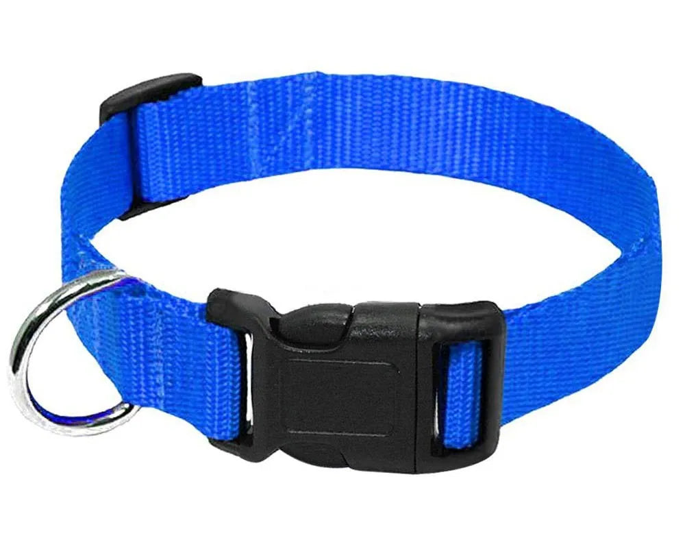 Blue adjustable dog collar with D-ring, quick release buckle, durable nylon pet collar for dogs, goats, sheep, and horses