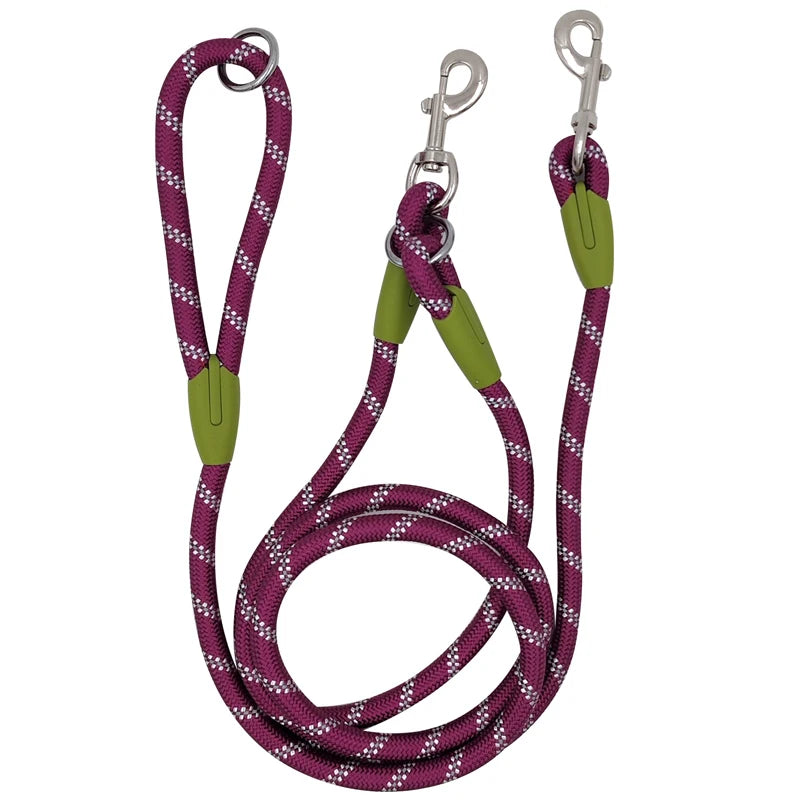Purple reflective dog leash with metal clips and green accents, durable rope design