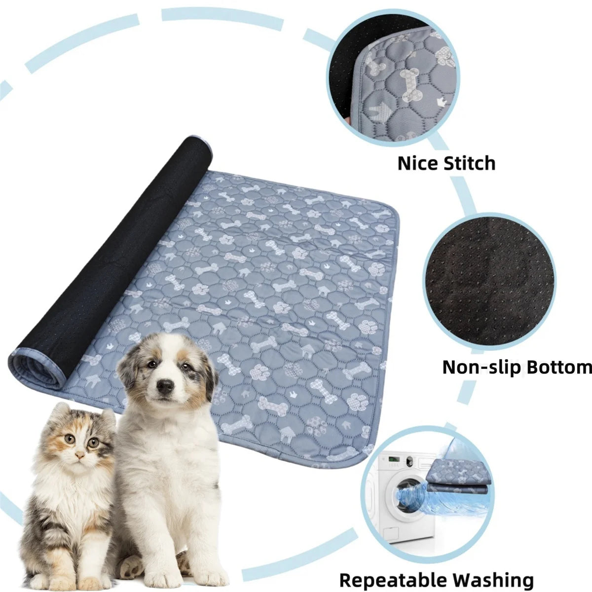 Washable reusable dog pee pad with non-slip bottom, nice stitching, and repeatable washing for puppies, dogs, and s