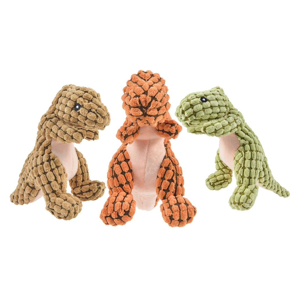 plush dinosaur dog chew toy interactive stuffed pet toys for small dogs in brown, orange, and green