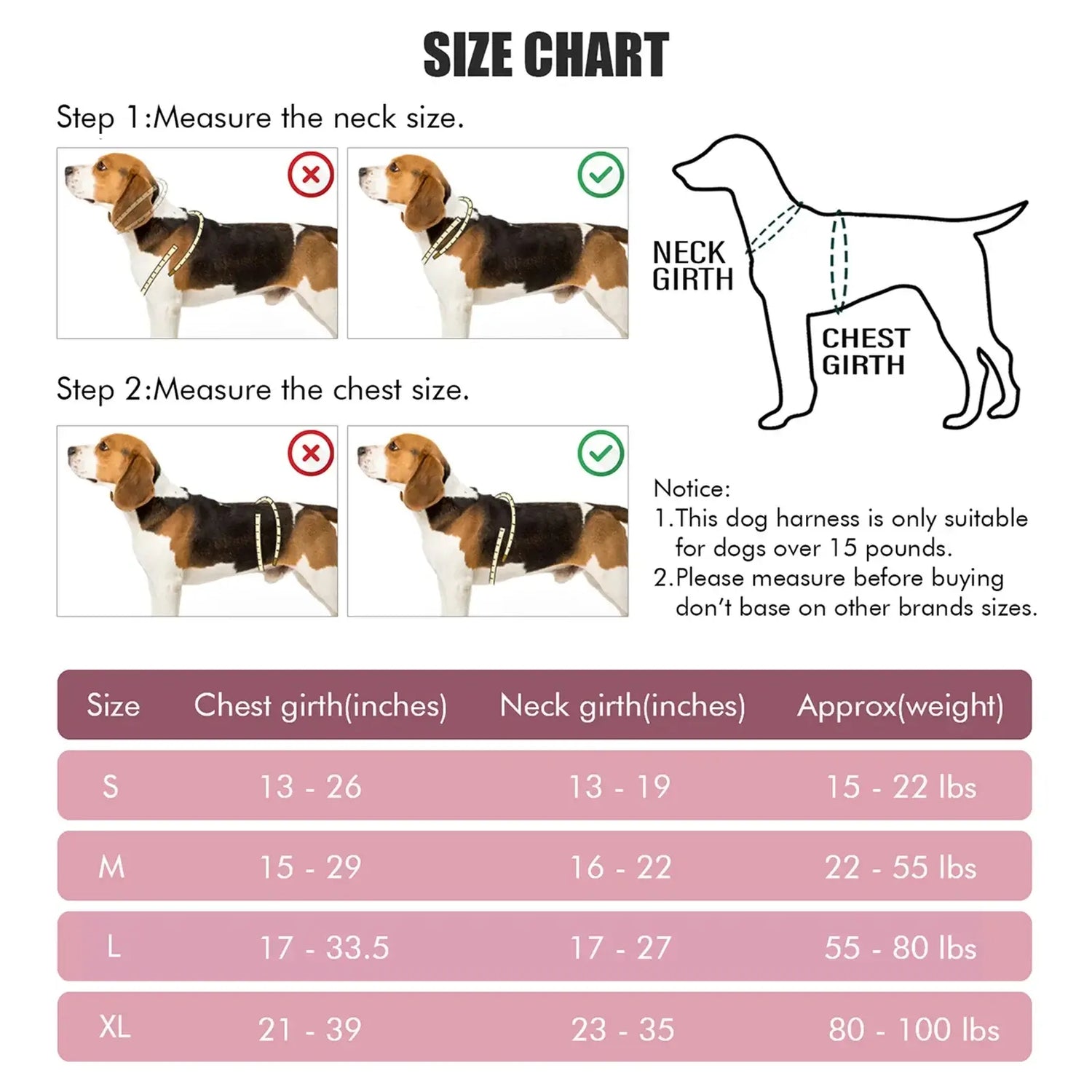 escape proof no pull dog harness and leash combo size chart showing neck and chest measurements with adjustable fit guide