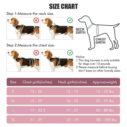 escape proof no pull dog harness and leash combo size chart showing neck and chest measurements with adjustable fit guide