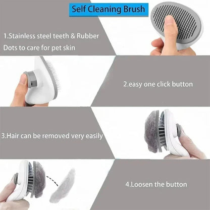 Self cleaning pet grooming brush with stainless steel teeth, easy one-click button, and removable hair pad.