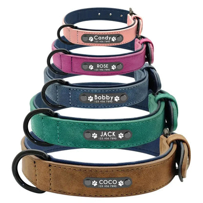 Personalized leather dog collar with custom name tags for small to large dogs, durable engraved leather collars