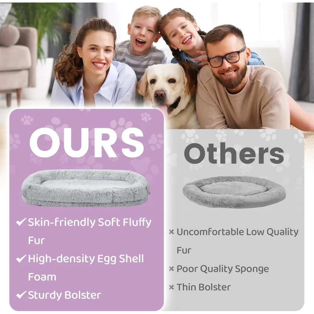 human dog bed for adults comparison image showing our orthopedic fluffy bed versus other low-quality beds