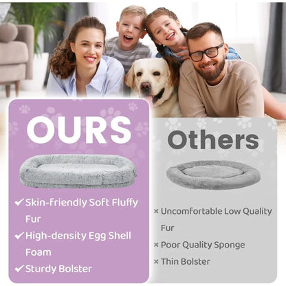 human dog bed for adults comparison image showing our orthopedic fluffy bed versus other low-quality beds