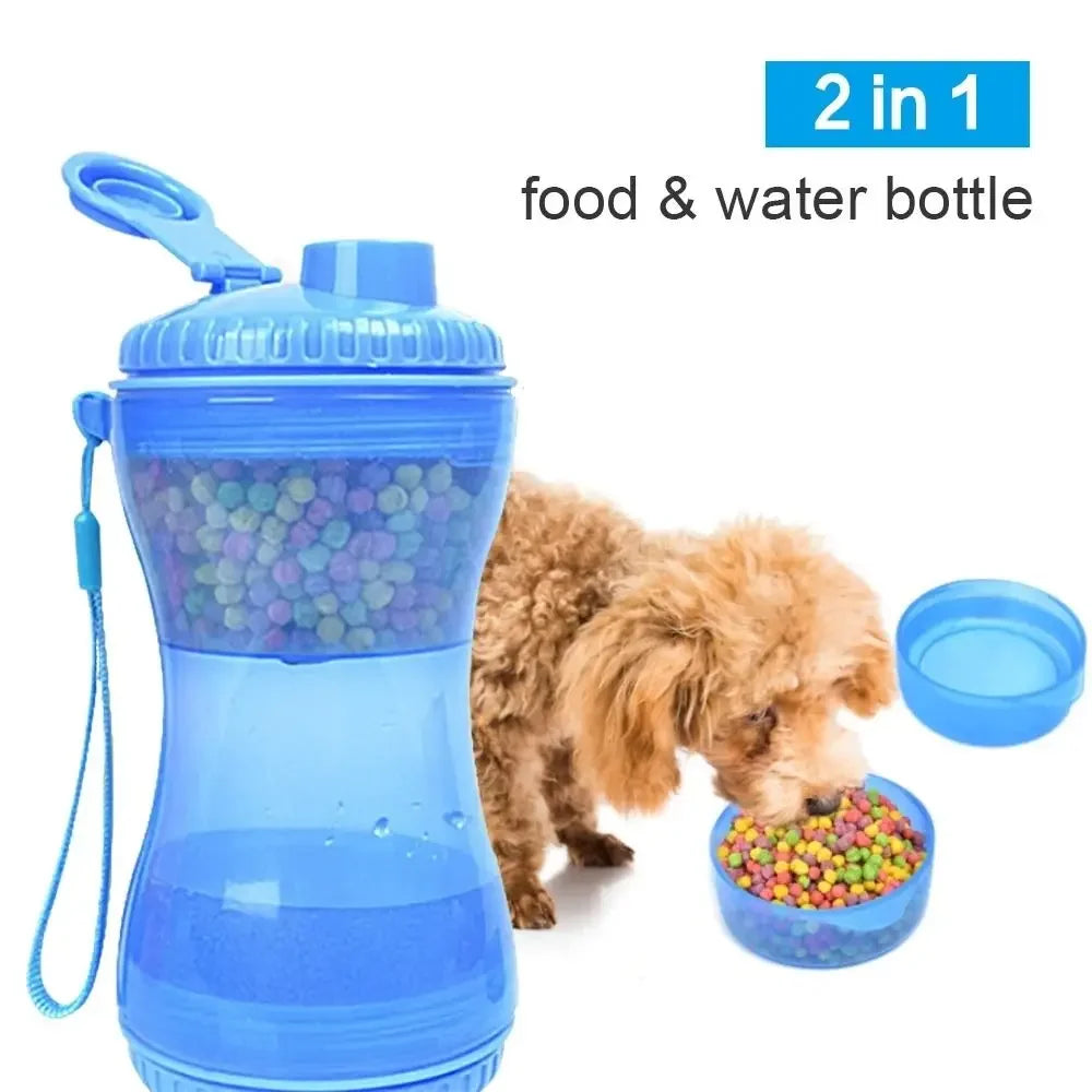2-in-1 blue dog food and water bottle with detachable bowls, small dog eating kibble