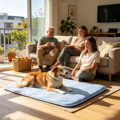 washable dog cooling mat for comfortable indoor resting, with family and dog in a bright living room