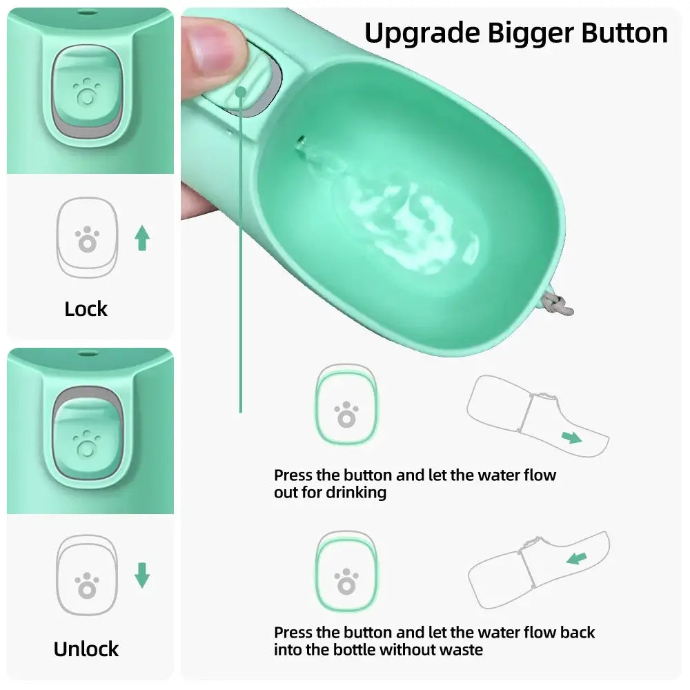Leakproof dog water bottle with bigger button, lock/unlock flow control, portable pet drinking bowl for travel