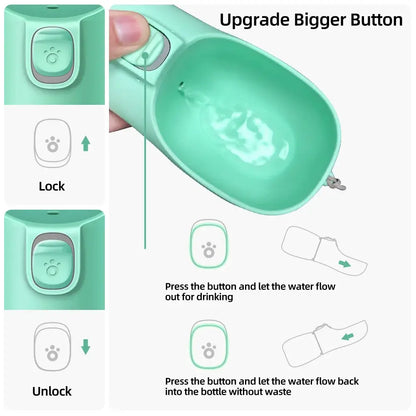 Leakproof dog water bottle with bigger button, lock/unlock flow control, portable pet drinking bowl for travel