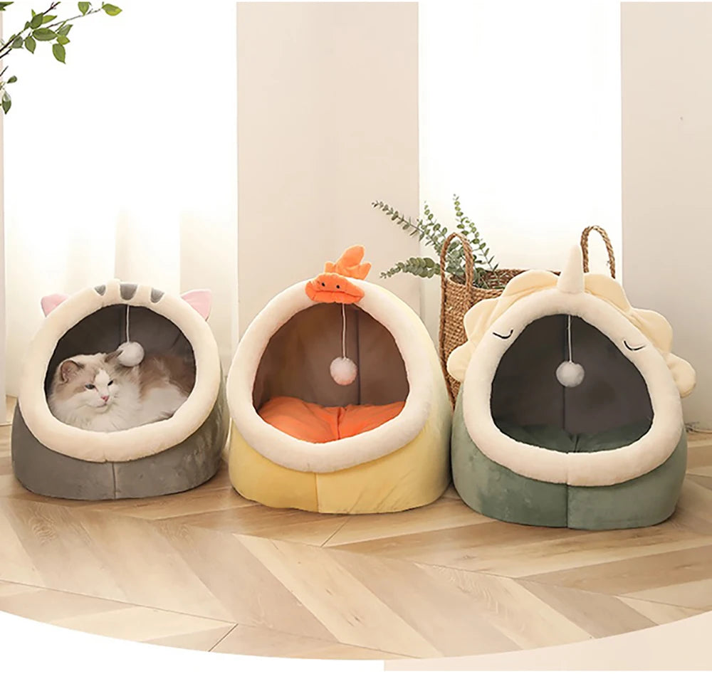foldable washable cat bed cozy semi-closed pet sleeping cave with cute animal-ear design and pompom for small cats