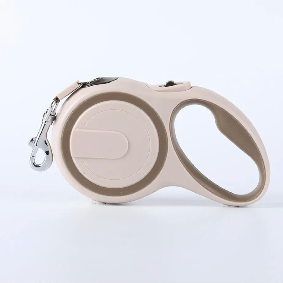 Beige retractable nylon dog leash rope with quick release clip for small, medium, and large dogs