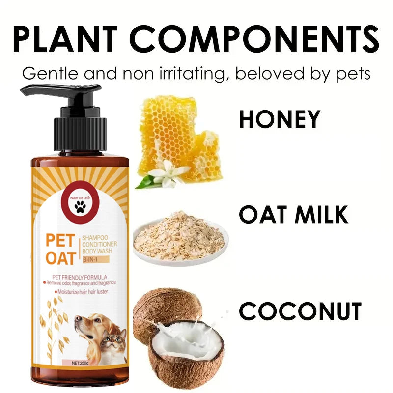 pet shampoo for dogs and cats with honey, oat milk, and coconut for gentle odor removal and soft, fragrant pet hair