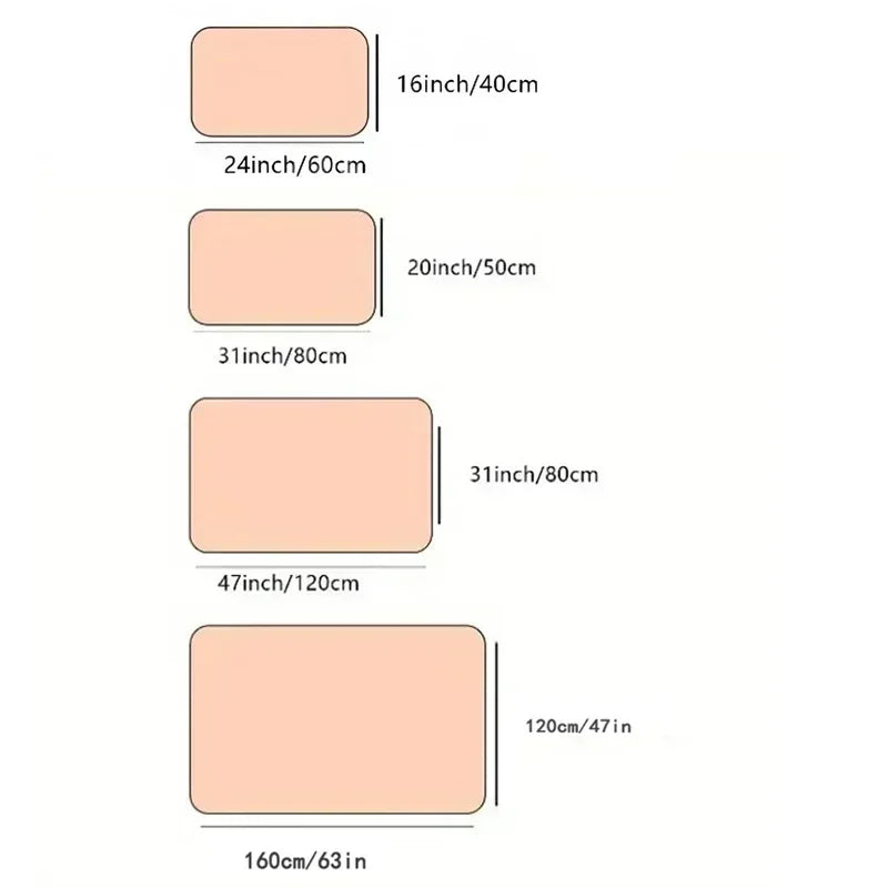 machine washable area rug size chart showing four rectangular rug dimensions for living room, bedroom, and dining room