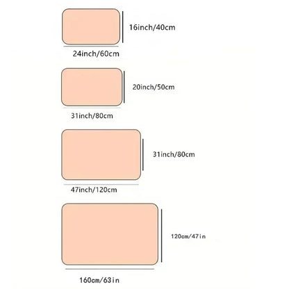 machine washable area rug size chart showing four rectangular rug dimensions for living room, bedroom, and dining room