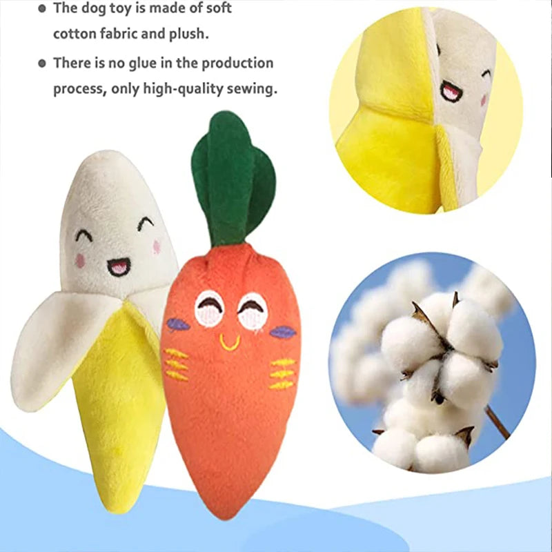 plush squeaky dog chew toy for small and medium dogs, soft fleece puppy plush toys with banana and carrot shapes