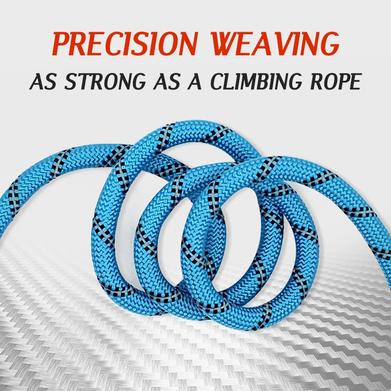 Durable blue precision-woven dog rope with black accents, strong pet accessory