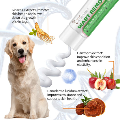 Dog wart removal cream with ginseng, hawthorn, and ganoderma lucidem extracts, happy golden retriever