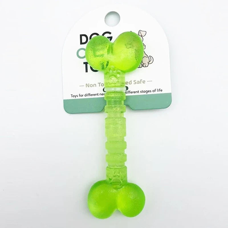 Green rubber bone-shaped dog chew toy on white background, durable and non-toxic