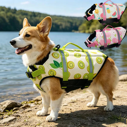 reflective adjustable dog life jacket for large dogs, kiwi-print buoyancy vest for summer swimming and boating