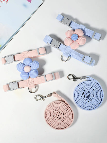 adjustable small dog harness and leash set with cute flower design, breathable pastel pet traction accessories