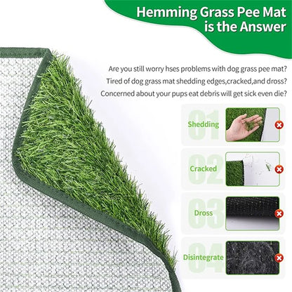 Durable artificial grass dog pee mat with non-shedding, anti-crack design and green edging.