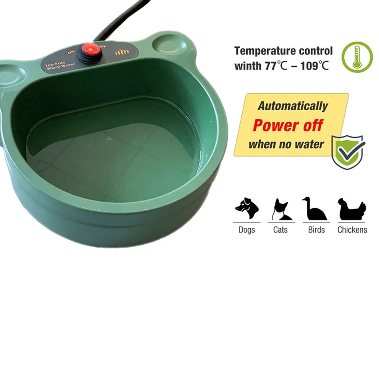 Heated pet water bowl with temperature control, power off safety, suitable for dogs, cats, birds, chickens.