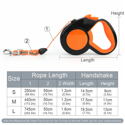 Reflective retractable dog leash with orange and black automatic extending handle, adjustable rope, and size chart for small to large pets.