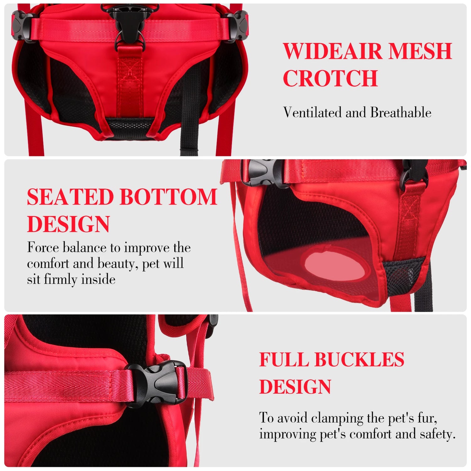 adjustable dog front carrier backpack with breathable mesh, seated bottom design, and full buckles for small dogs and cats