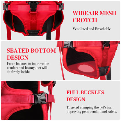 adjustable dog front carrier backpack with breathable mesh, seated bottom design, and full buckles for small dogs and cats