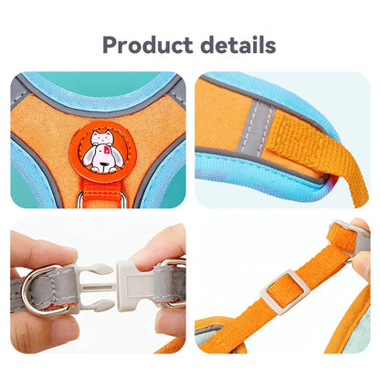 adjustable reflective dog vest harness with cat and dog design, buckle closure, padded comfort, durable small to medium pet walking gear