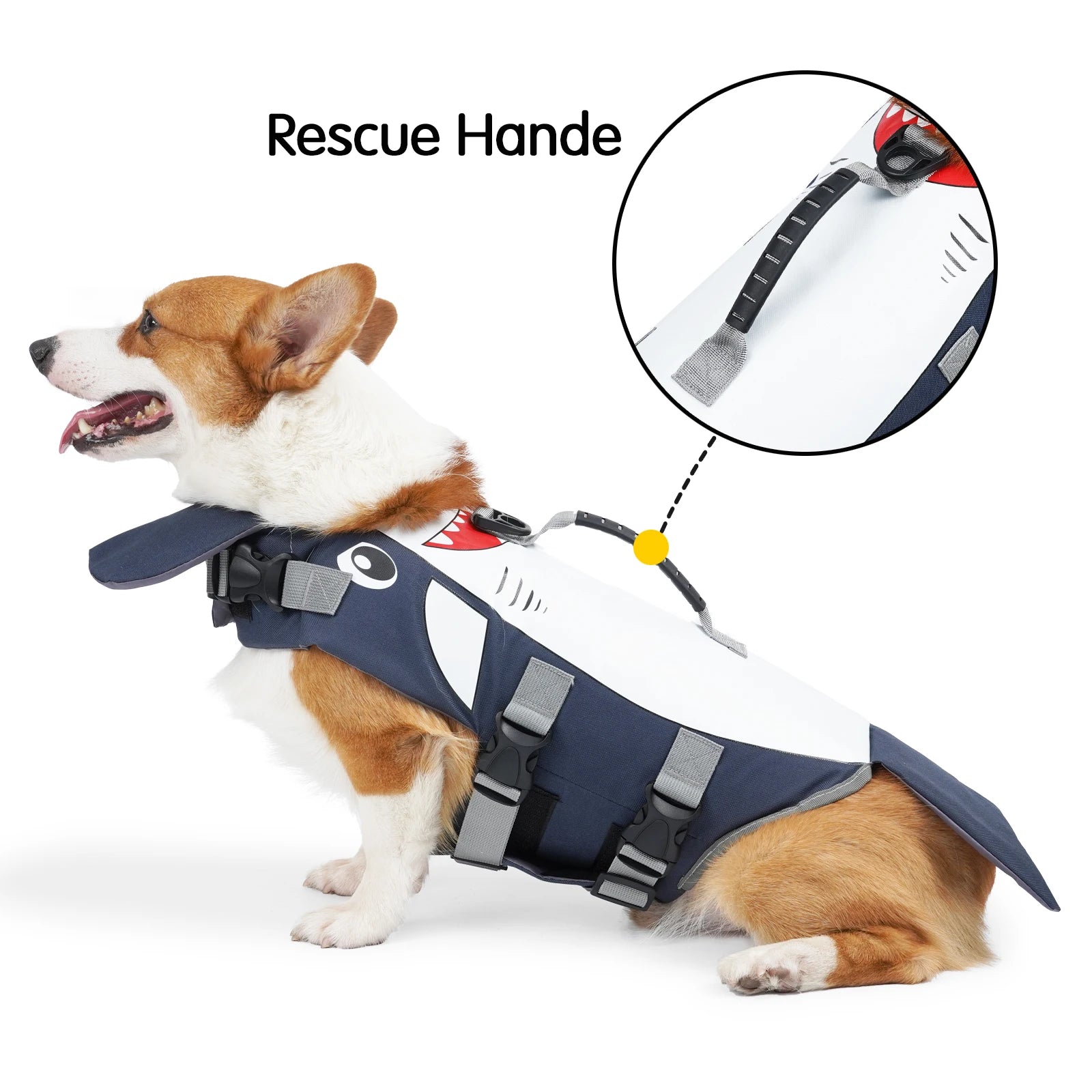 shark dog life jacket with rescue handle, adjustable reflective dog swimming safety vest for water sports