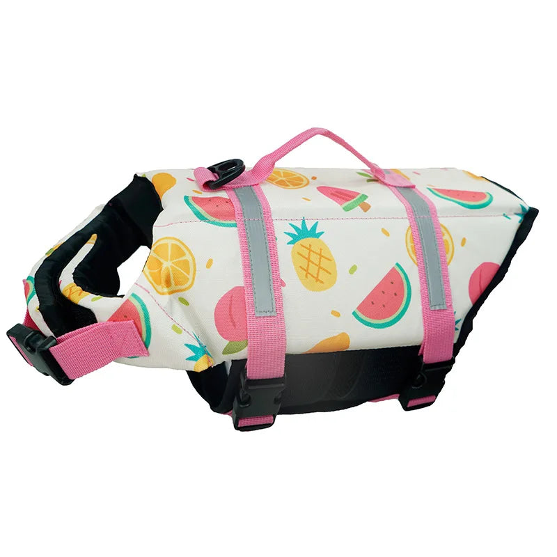 reflective adjustable dog life jacket, watermelon fruit print polyester safety vest for large dogs, enhanced buoyancy