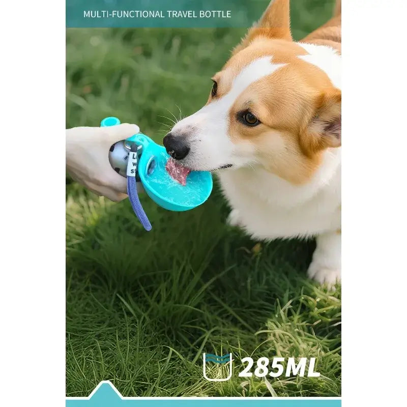 portable dog water bottle for outdoor travel, small dog drinking from handheld pet water dispenser on grass