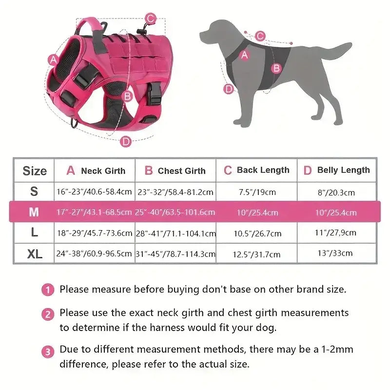 Adjustable no-pull tactical dog harness for large dogs with handle, reflective military vest size chart