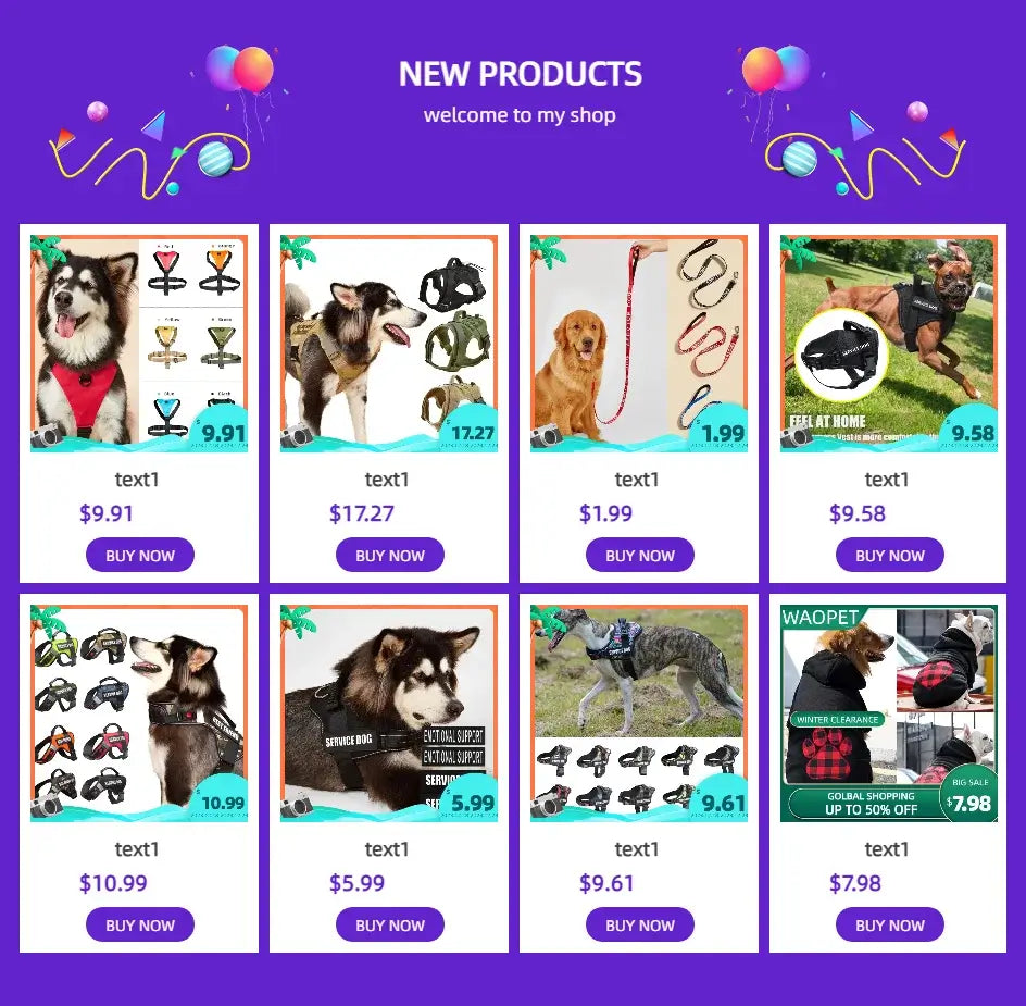 Purple promotional banner showcasing assorted no pull dog harness products with prices and buy now buttons