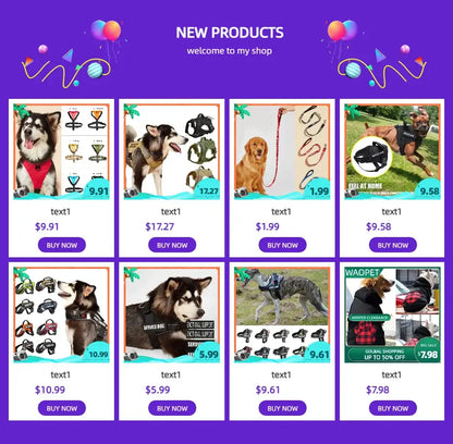 Purple promotional banner showcasing assorted no pull dog harness products with prices and buy now buttons
