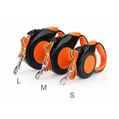 reflective retractable dog leash set in 3 sizes, orange and black automatic extending pet leash for dogs and cats